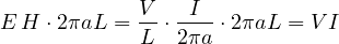 \[ E\,H\cdot 2\pi aL = \frac{V}{L}\cdot\frac{I}{2\pi a}\cdot 2\pi aL = VI \]