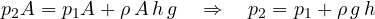\[ p_2 A = p_1 A + \rho\,A\,h\,g \quad\Rightarrow\quad p_2 = p_1 + \rho\,g\,h \]