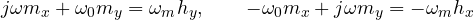 \[ j\omega m_x + \omega_0m_y = \omega_mh_y,\qquad -\omega_0m_x + j\omega m_y = -\omega_mh_x \]