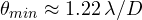 \theta_{min} \approx 1.22\,\lambda/D