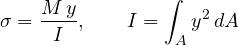\[ \sigma = \frac{M\,y}{I},\qquad I = \int_Ay^2\,dA \]