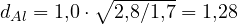 d_{Al} = 1{,}0\cdot\sqrt{2{,}8/1{,}7} = 1{,}28