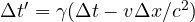 \Delta t' = \gamma(\Delta t - v\Delta x/c^2)
