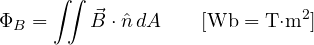 \[ \Phi_B = \iint\vec B\cdot\hat n\,dA\qquad[\text{Wb} = \text{T&middot;m}^2] \]