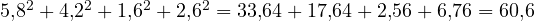 5{,}8^2 + 4{,}2^2 + 1{,}6^2 + 2{,}6^2 = 33{,}64 + 17{,}64 + 2{,}56 + 6{,}76 = 60{,}6