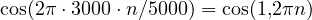 \cos(2\pi\cdot 3000\cdot n/5000) = \cos(1{,}2\pi n)