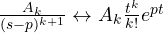\frac{A_k}{(s - p)^{k+1}} \leftrightarrow A_k\frac{t^k}{k!}e^{pt}