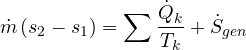 \[ \dot m\,(s_2 - s_1) = \sum\frac{\dot Q_k}{T_k} + \dot S_{gen} \]