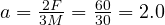 a = \frac{2F}{3M} = \frac{60}{30} = 2.0