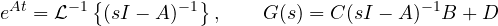\[ e^{At} = \mathcal{L}^{-1}\left\{(sI - A)^{-1}\right\},\qquad G(s) = C(sI - A)^{-1}B + D \]