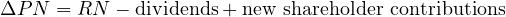 \[ \Delta PN = RN - \text{dividends} + \text{new shareholder contributions} \]
