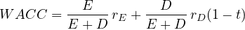 \[ WACC = \frac{E}{E + D}\,r_E + \frac{D}{E + D}\,r_D(1 - t) \]