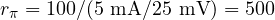 r_\pi = 100/(5\text{ mA}/25\text{ mV}) = 500