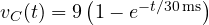v_C(t) = 9\left(1 - e^{-t/30\,\text{ms}}\right)
