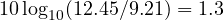 10\log_{10}(12.45/9.21) = 1.3