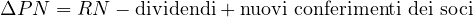 \[ \Delta PN = RN - \text{dividendi} + \text{nuovi conferimenti dei soci} \]