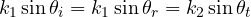 \[ k_1\sin\theta_i = k_1\sin\theta_r = k_2\sin\theta_t \]