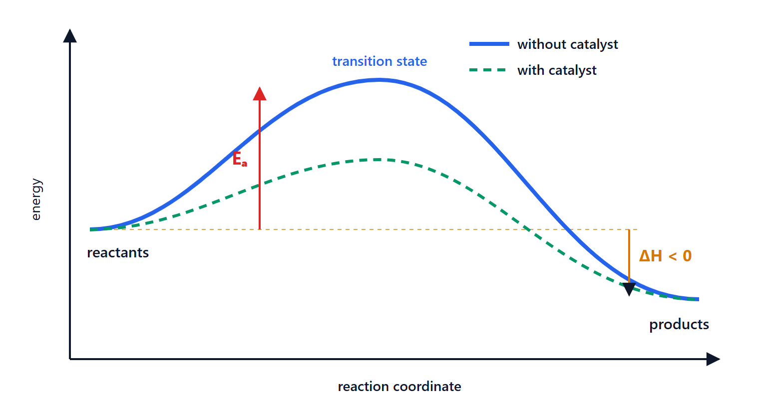 Energy profile of an exothermic reaction with and without a catalyst