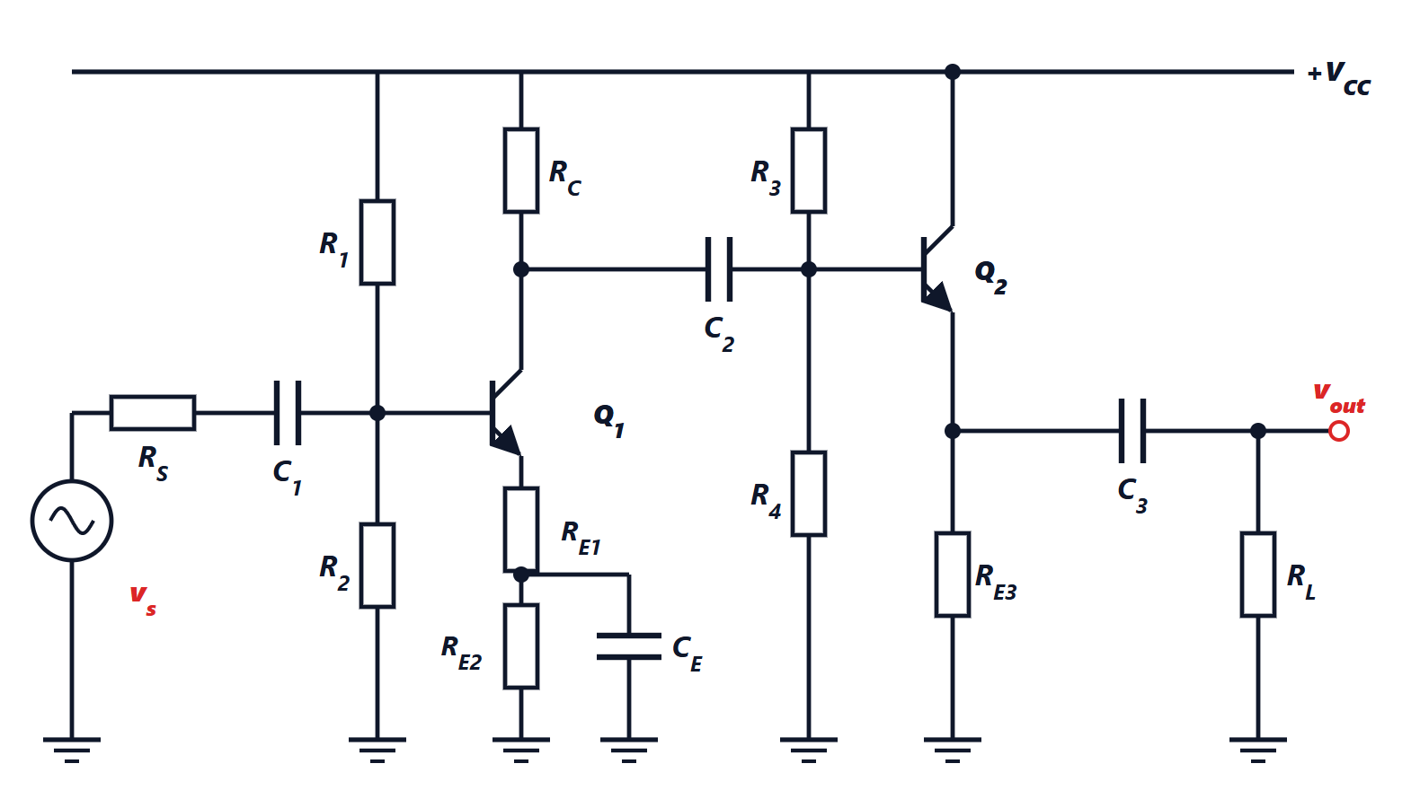 Two-stage amplifier: common emitter and follower
